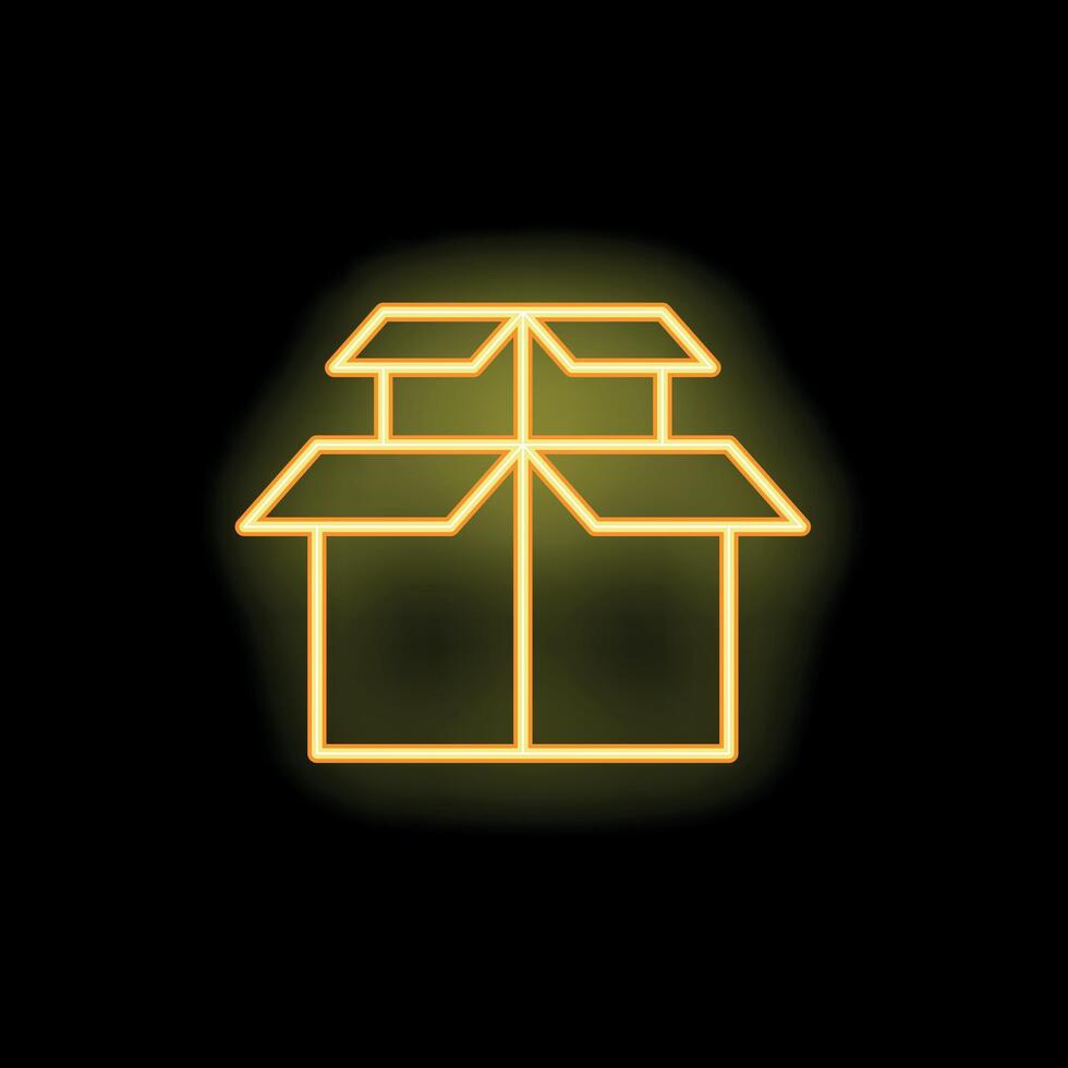Open cardboard box glowing neon sign on black background vector