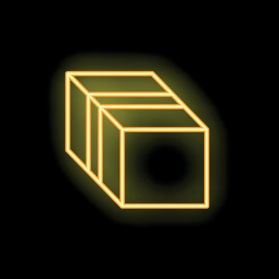 Neon yellow glowing cube icon graphic on black background vector