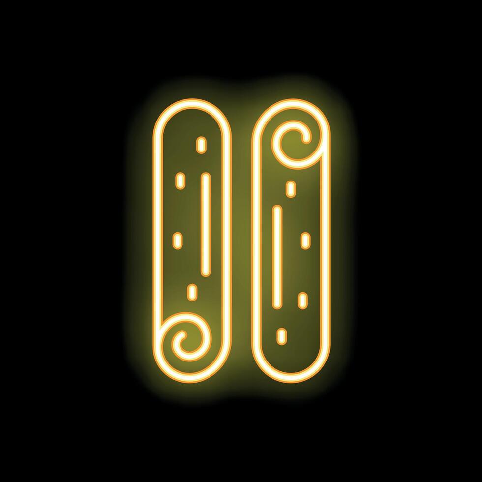 Yellow neon sign of cinnamon sticks on a black background vector