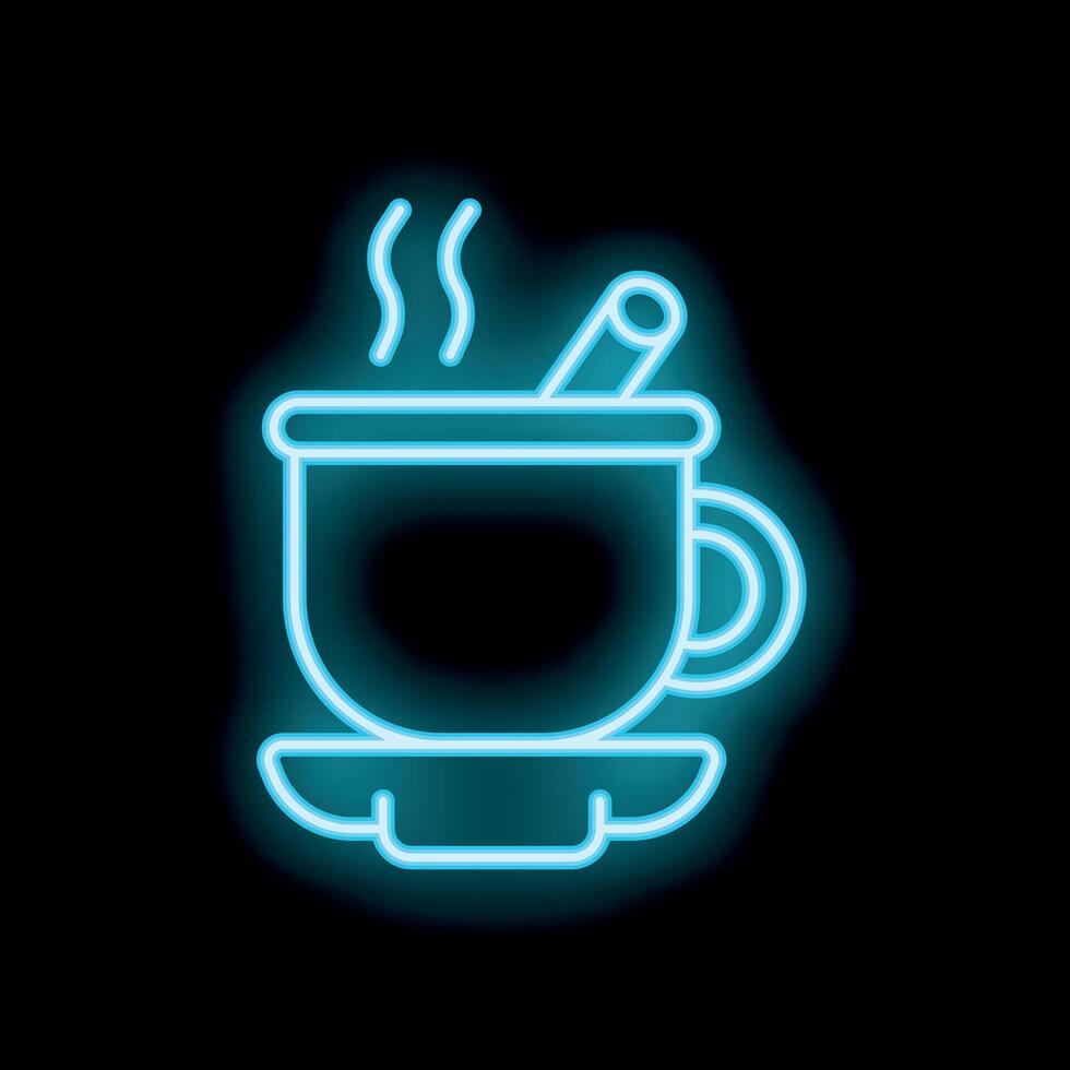 Neon blue cup of hot drink with cinnamon stick glowing on black background vector
