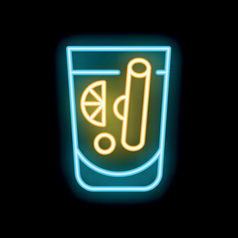 Neon sign showing cocktail glass with slice of lemon and cinnamon stick vector