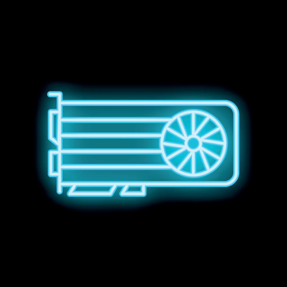 Blue neon icon of gpu showing concept of gaming and cryptocurrency mining vector