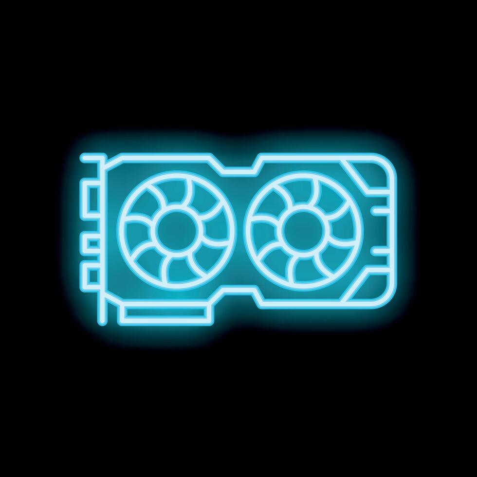 Glowing neon icon of computer graphics card showing two cooling fans vector