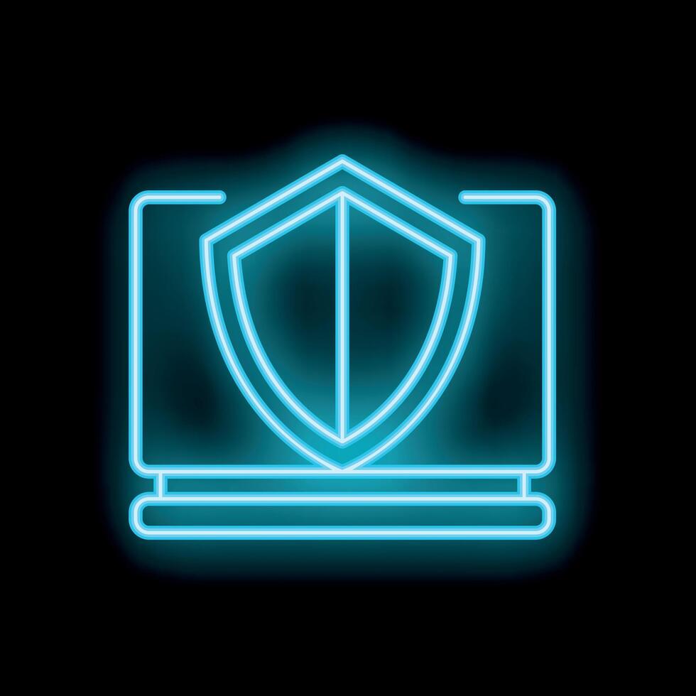 Neon blue shield protecting laptop computer icon vector