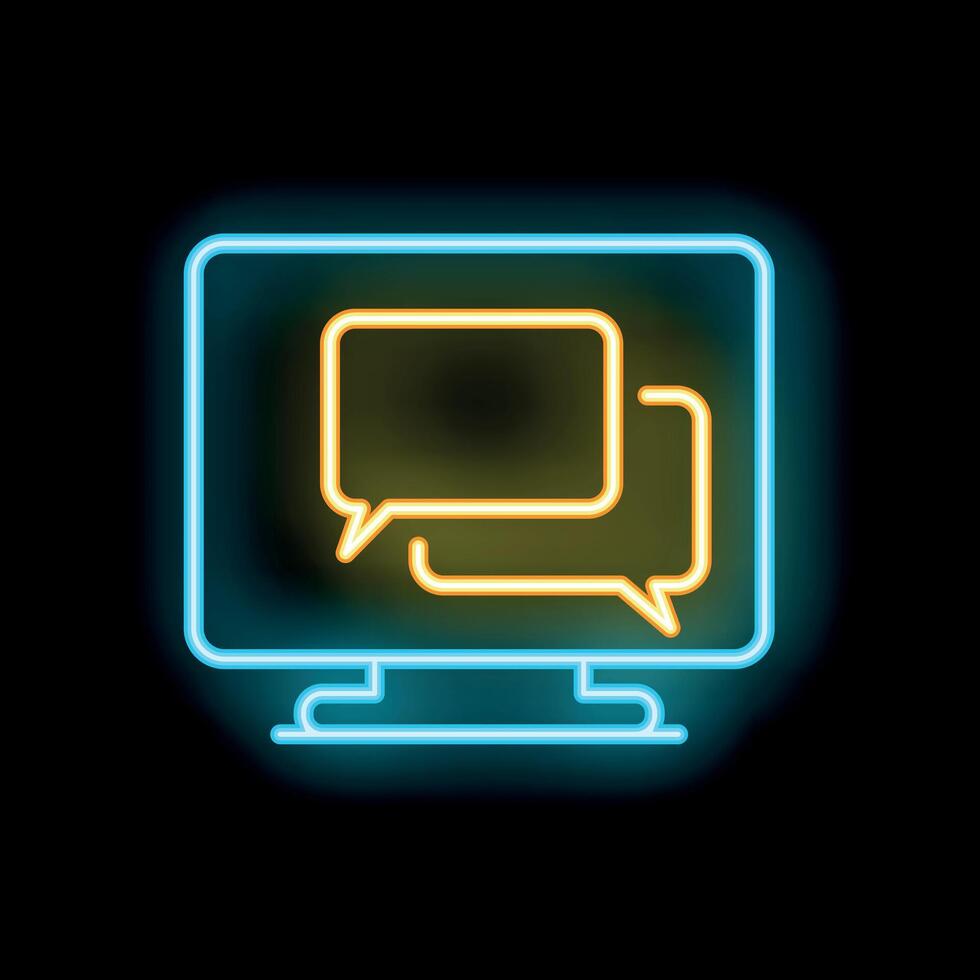 Neon icon of online communication displaying speech bubbles on computer screen vector