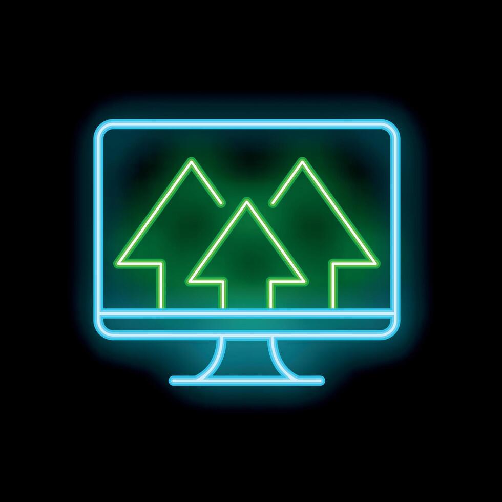Neon computer monitor displaying three green upward arrows on black background vector