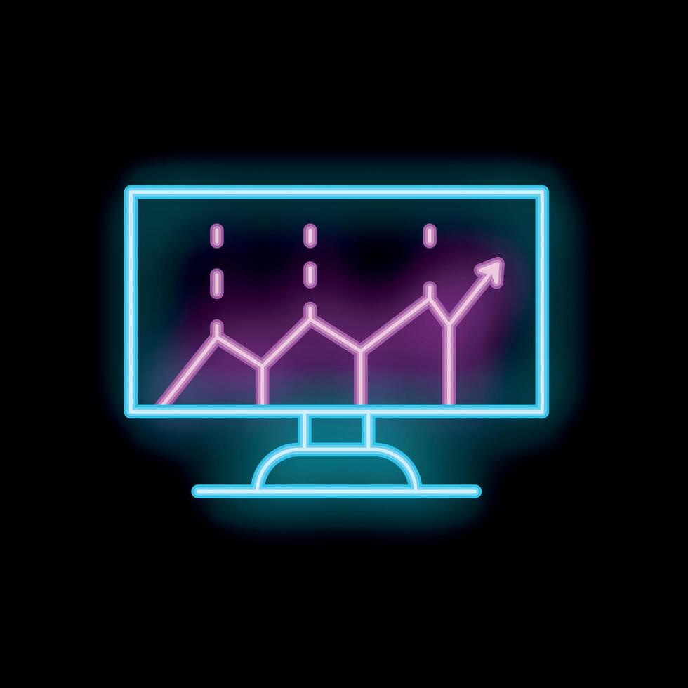 Neon computer screen displaying growing chart icon vector