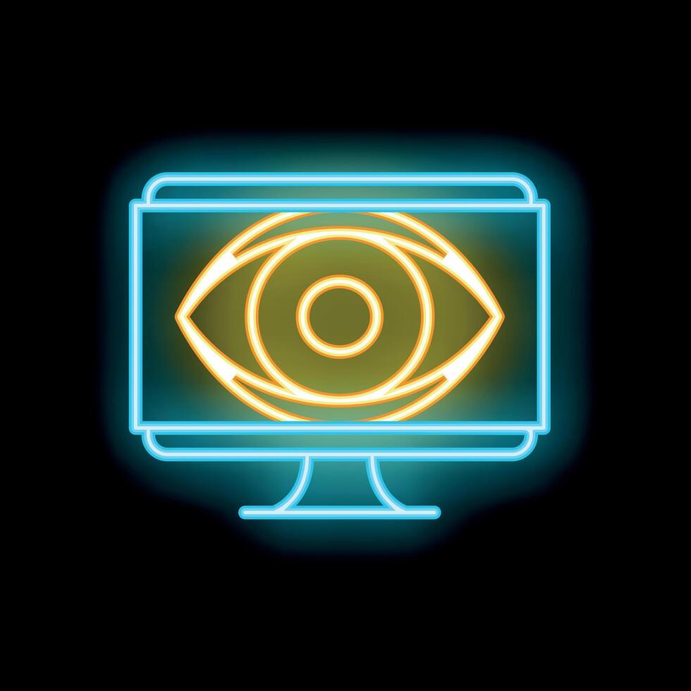 Neon icon of eye showing through computer screen display vector
