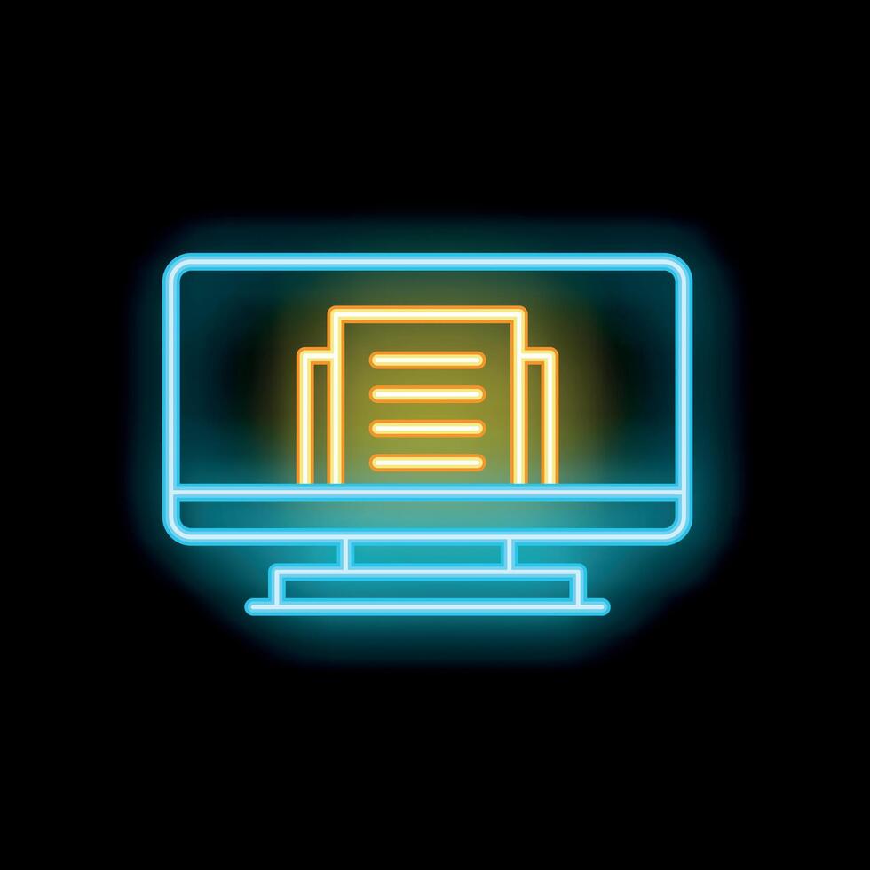 Neon icon of computer displaying document for online reading vector