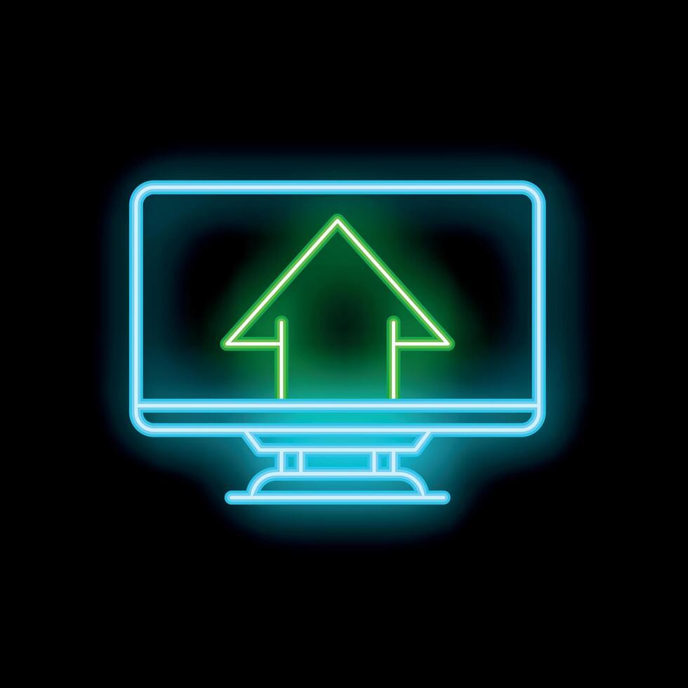 Glowing neon computer monitor is displaying a green house shaped icon vector