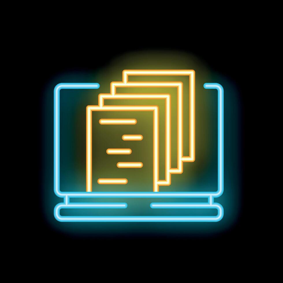 Neon icon of laptop showing documents for digital workflow vector