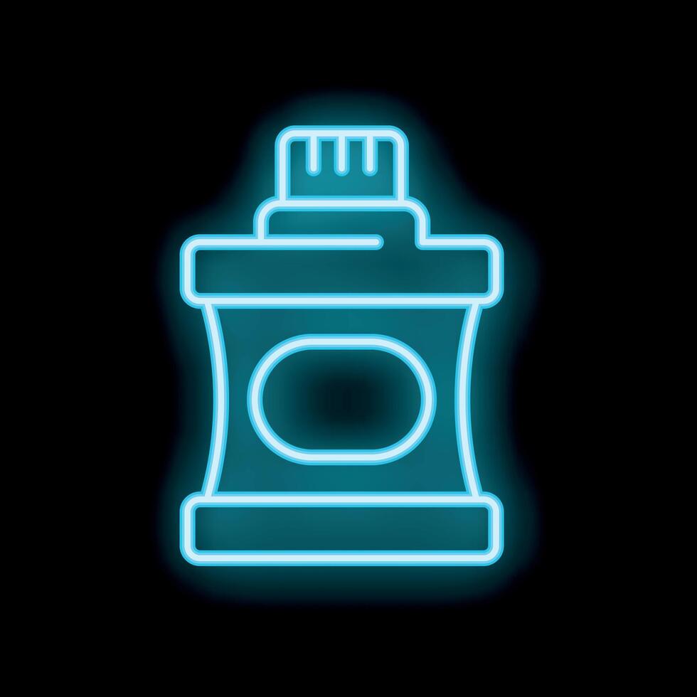 Neon blue shampoo or lotion bottle glowing on black background vector