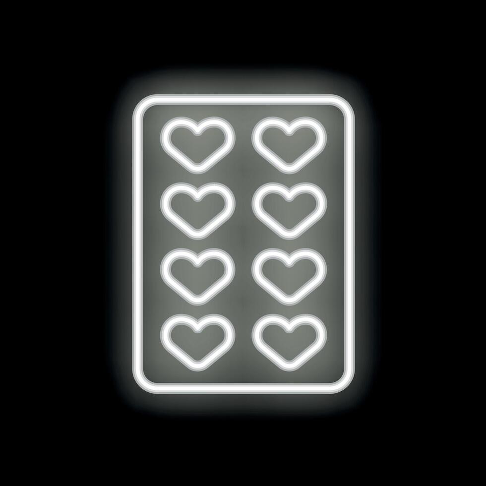 Neon blister pack showing eight white hearts on a black background vector