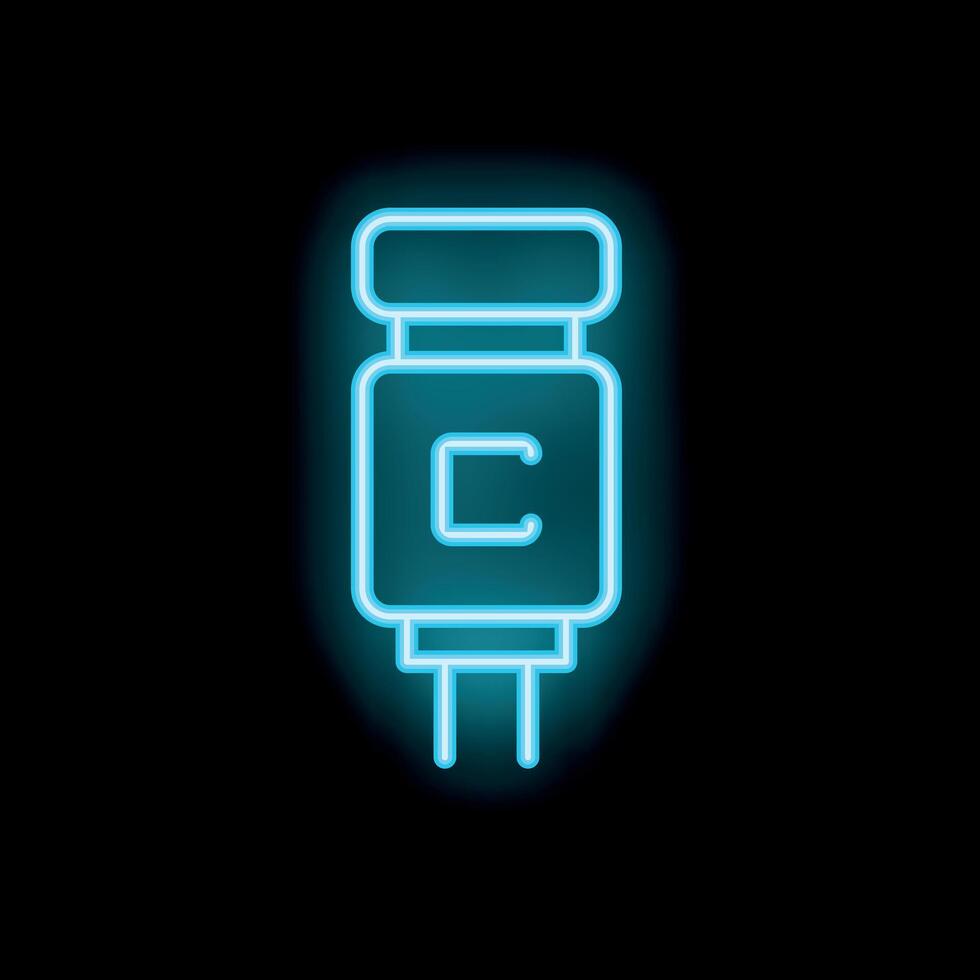 Blue neon capacitor electronic component icon glowing on black background vector