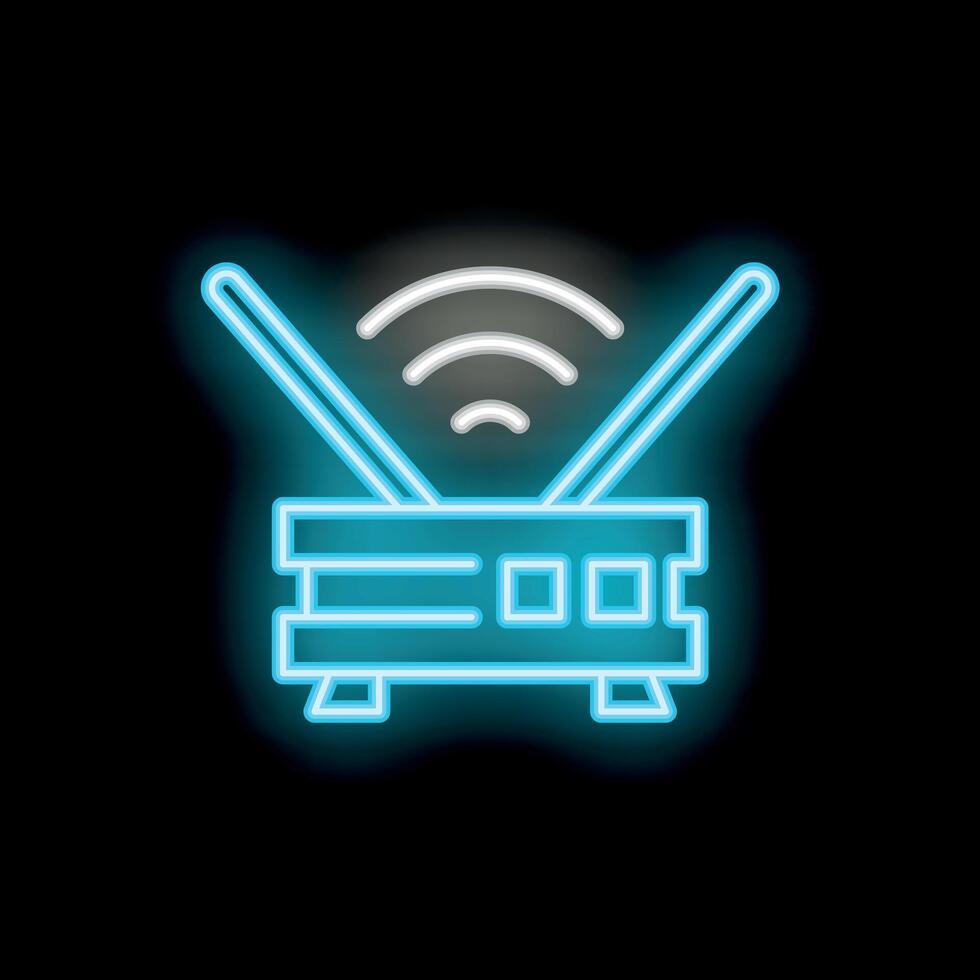 Neon router icon glowing on dark background representing wifi signal vector
