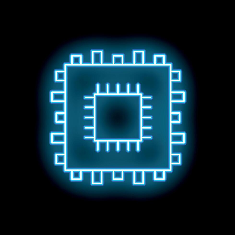 Neon blue computer microchip glowing on black background vector