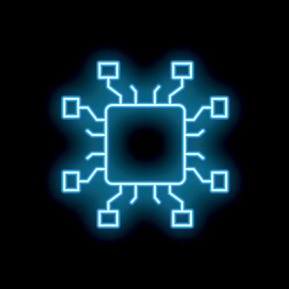 Blue neon cpu microchip icon glowing on black background vector