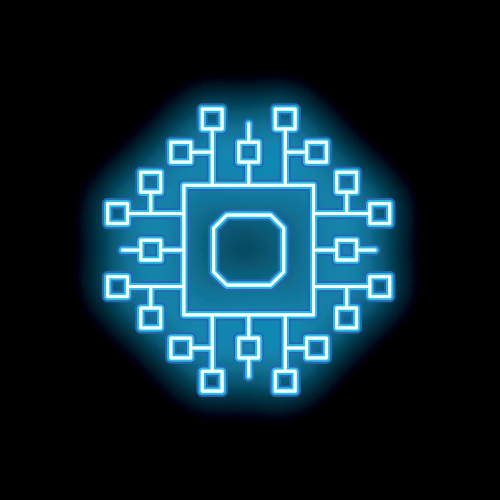 Neon blue cpu microchip glowing on black background vector