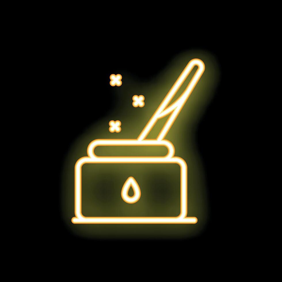 Neon yellow cosmetic cream jar with brush creating glowing sparkles icon graphic on black background vector