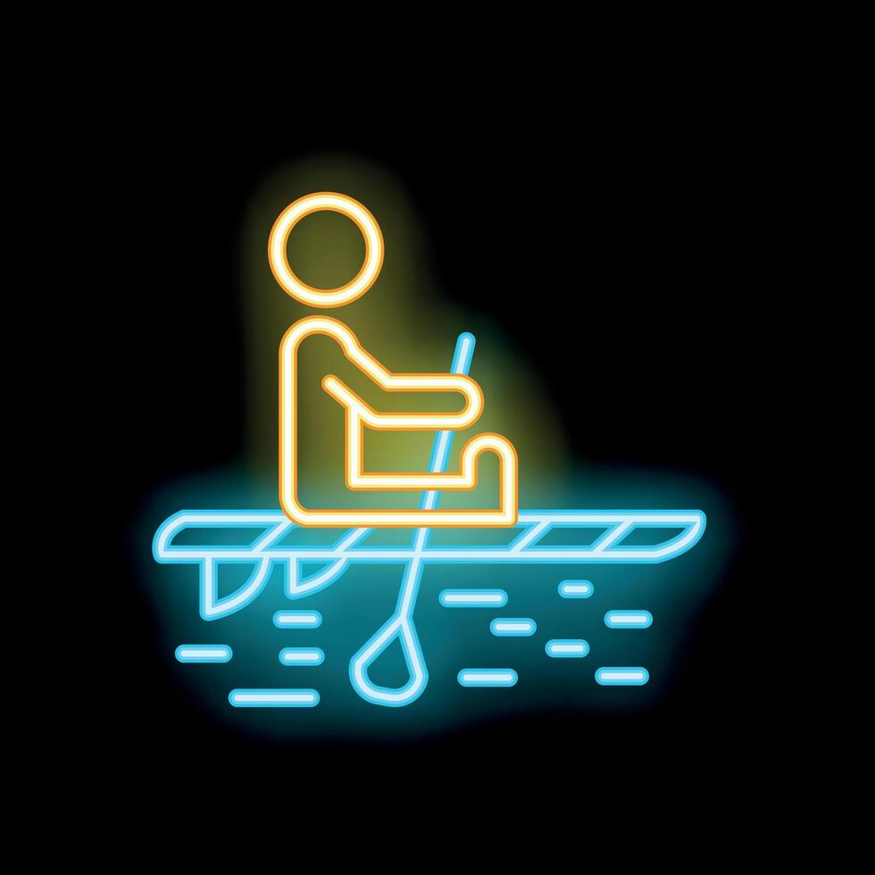 Neon sign of person paddleboarding at night on the lake or ocean vector