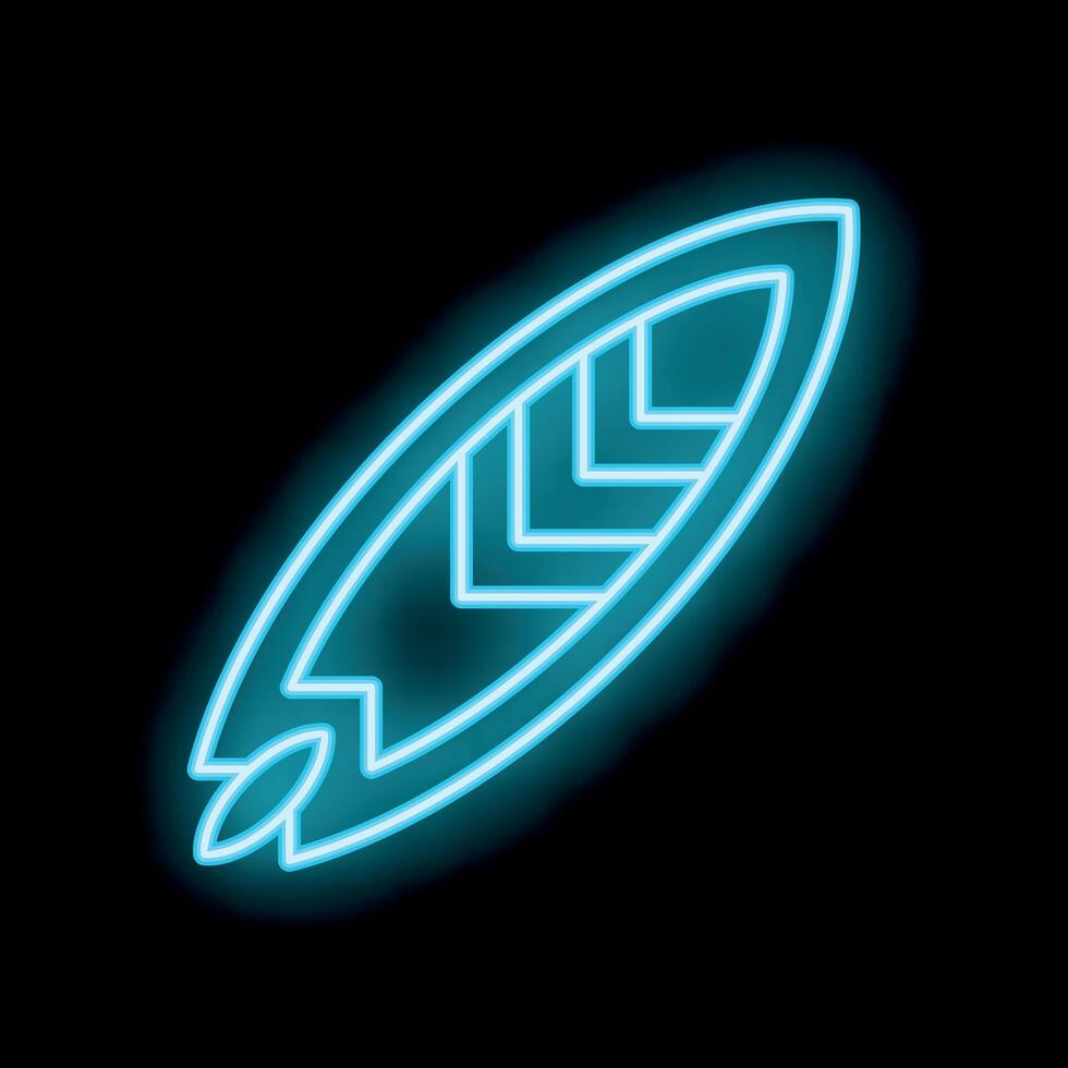 Bright blue neon sign showing surfboard with polynesian pattern on black background vector
