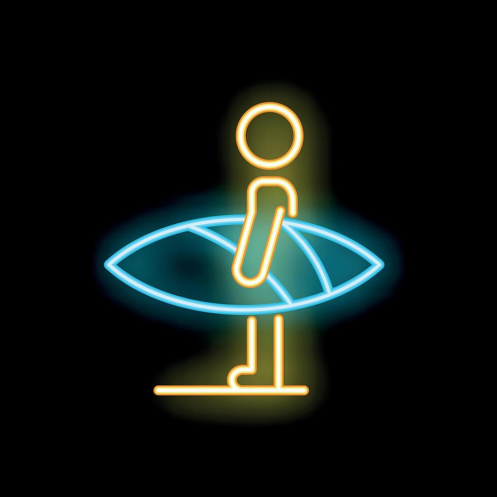 Neon surfer holding surfboard ready to ride waves vector