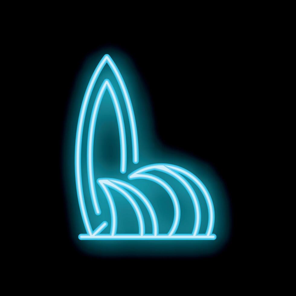 Bright blue neon sign of surfboard riding ocean waves on black background vector