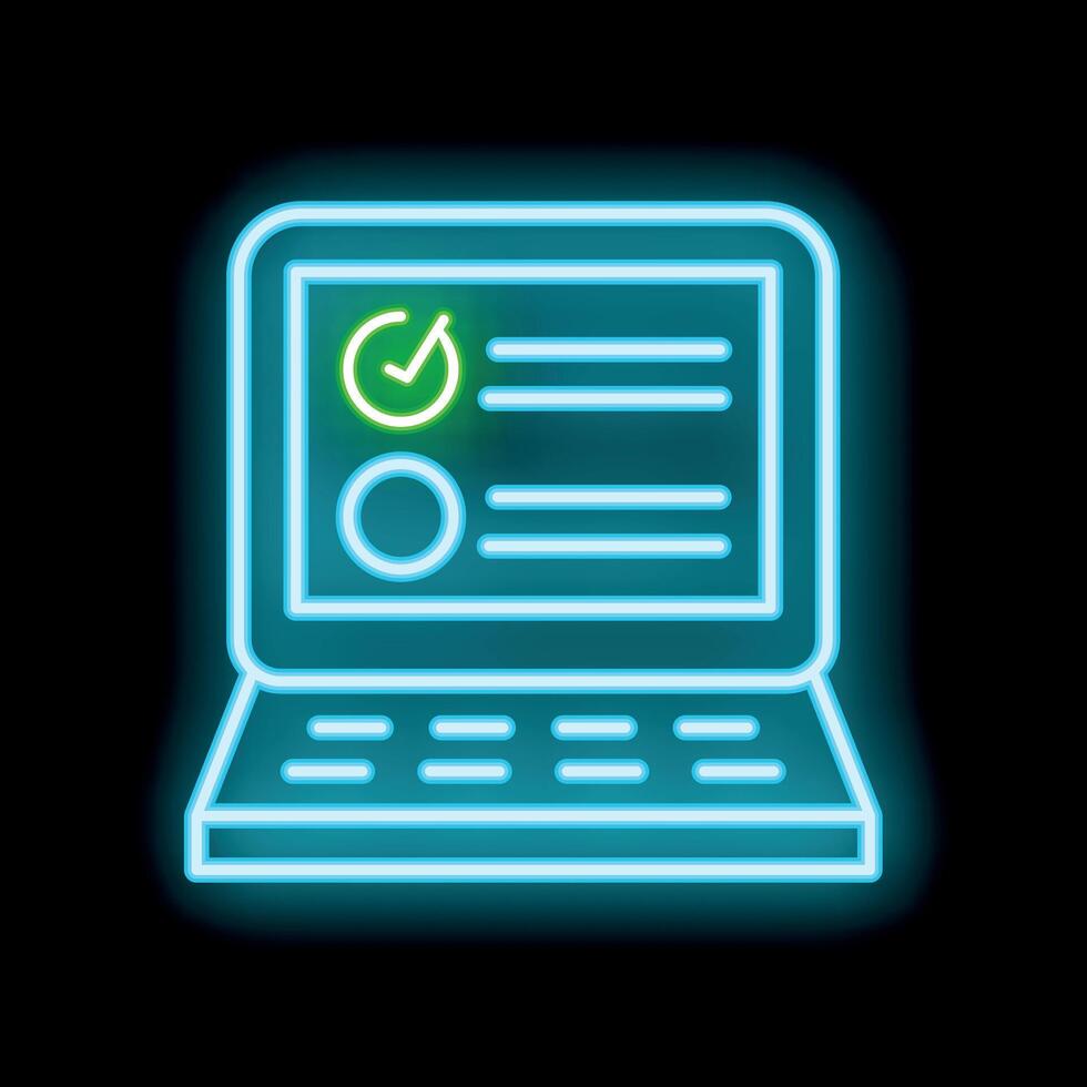 Neon online survey form with check and radio buttons on laptop screen vector