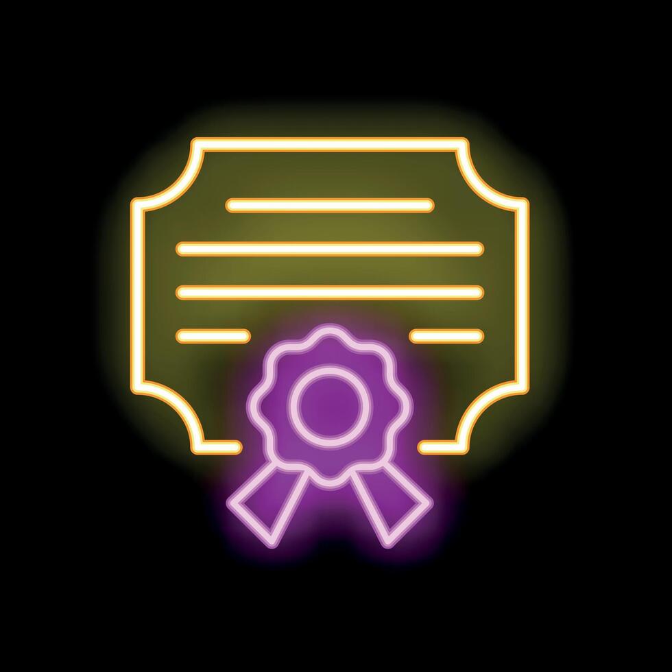 Neon sign depicting a certificate with a seal and ribbon on a black background vector