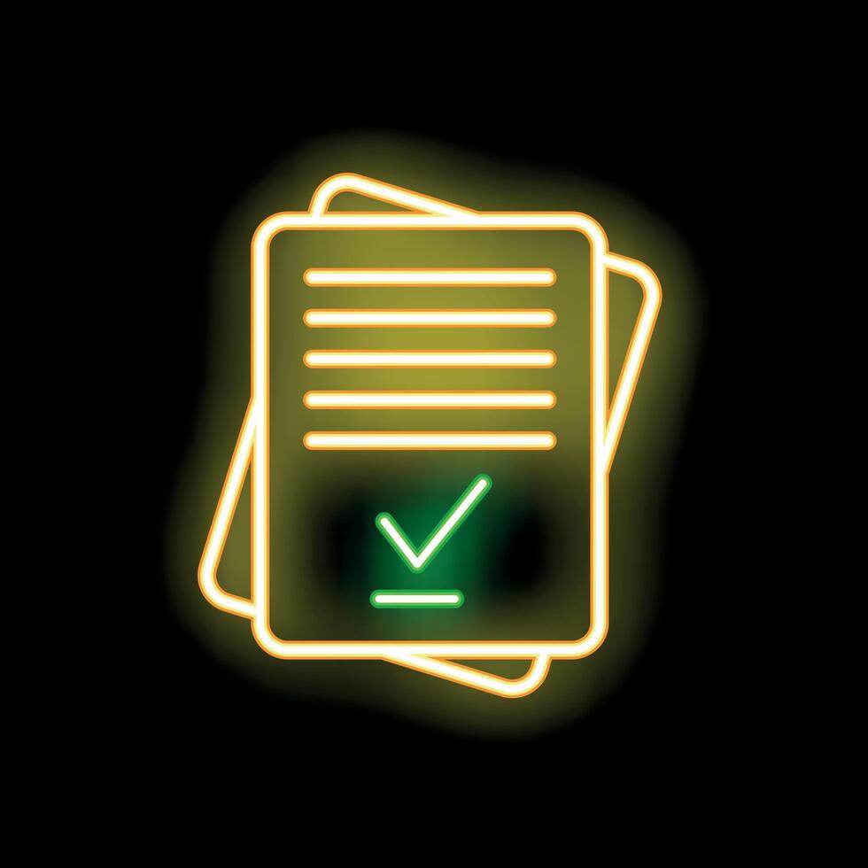 Neon icon of documents with checkmark symbolizing successful completion vector