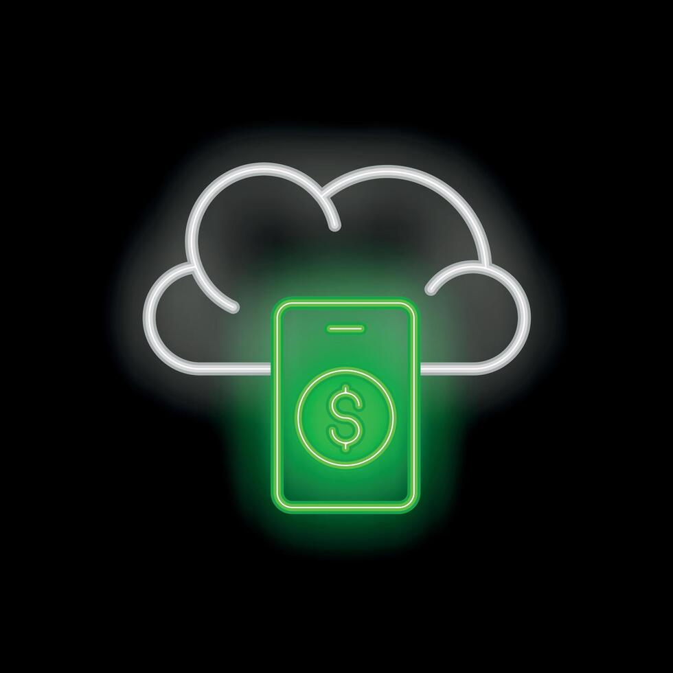 Neon green mobile phone with dollar sign under white cloud on black background vector