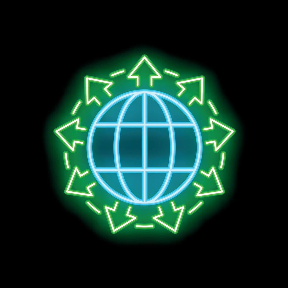 Neon icon of a globe surrounded by green arrows representing global business and international trade vector
