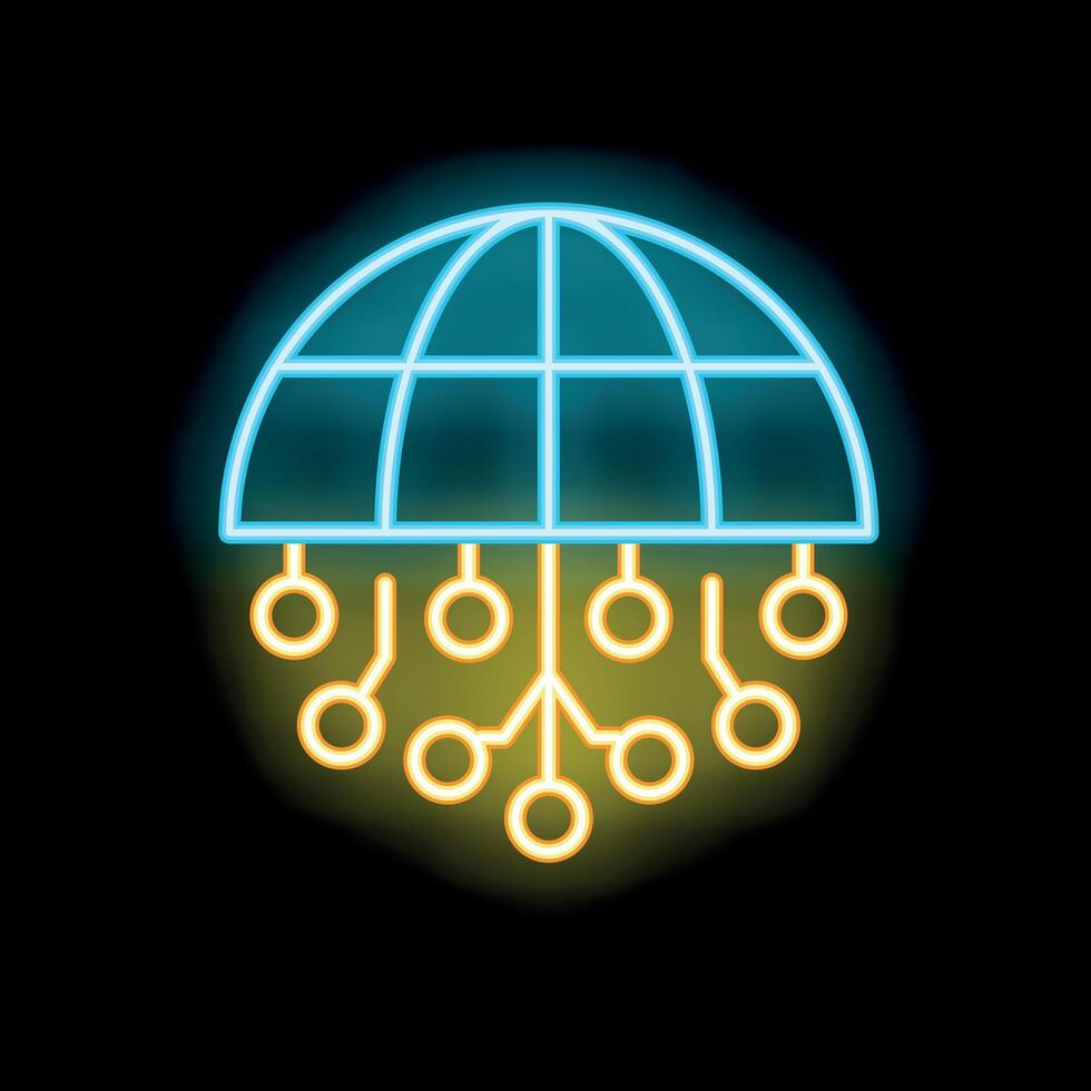 Neon icon representing global network connecting with electronic circuits vector