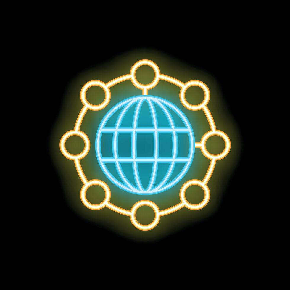 Neon sign depicting global network connecting world through nodes vector