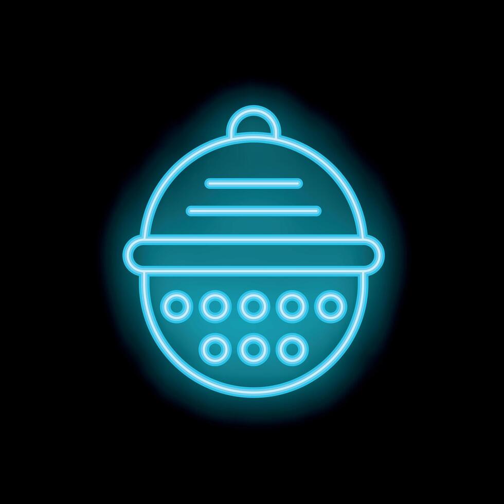 Blue neon sign of a round tea infuser with a chain on black background vector