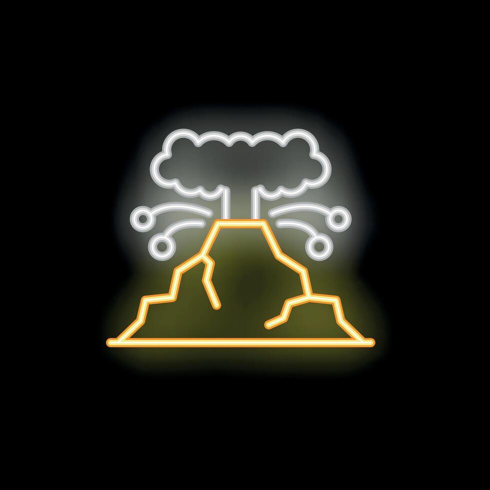 Yellow neon sign of a volcano erupting on a black background vector