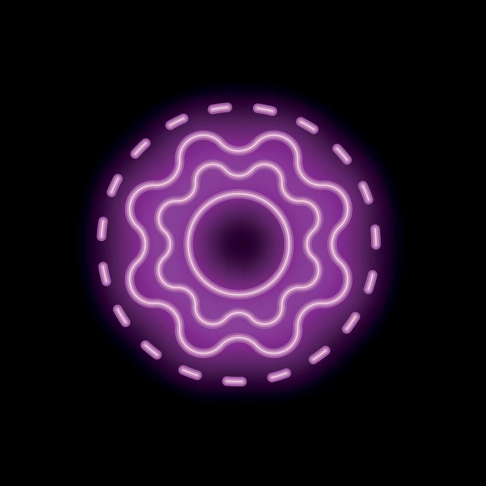 Neon pink wavy sun shining bright on black background vector