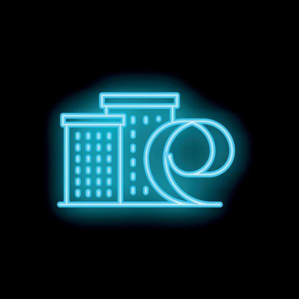 Neon icon of water park, aqua park, city buildings and water slides on black background vector