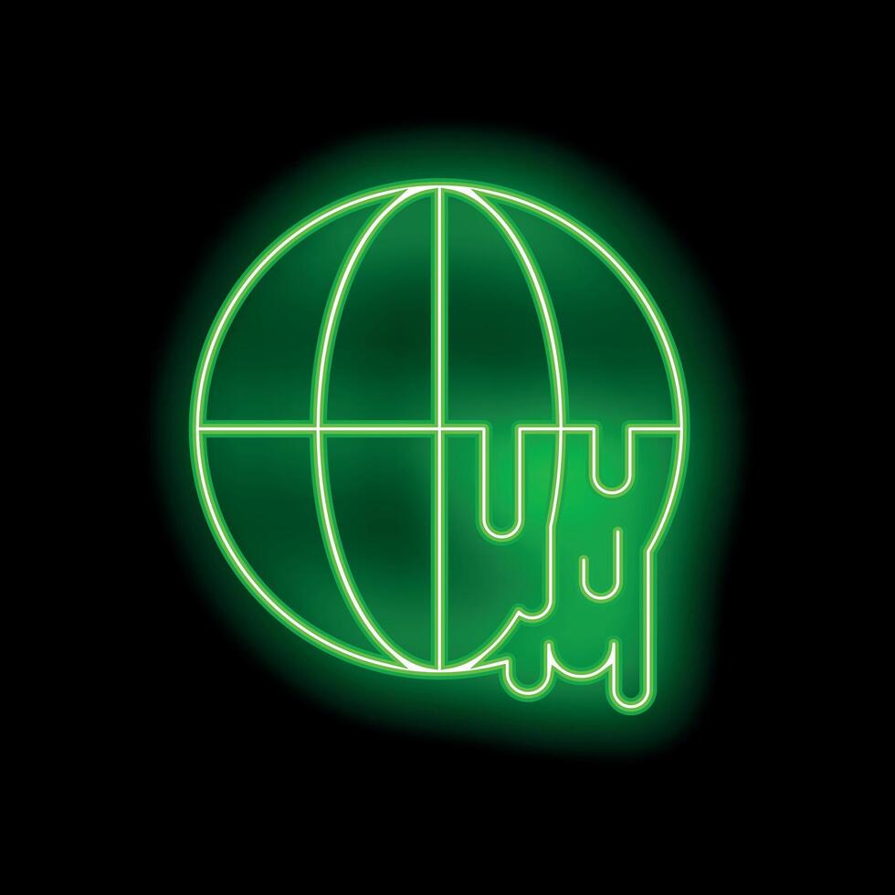 Green neon sign showing melting earth globe on black background vector