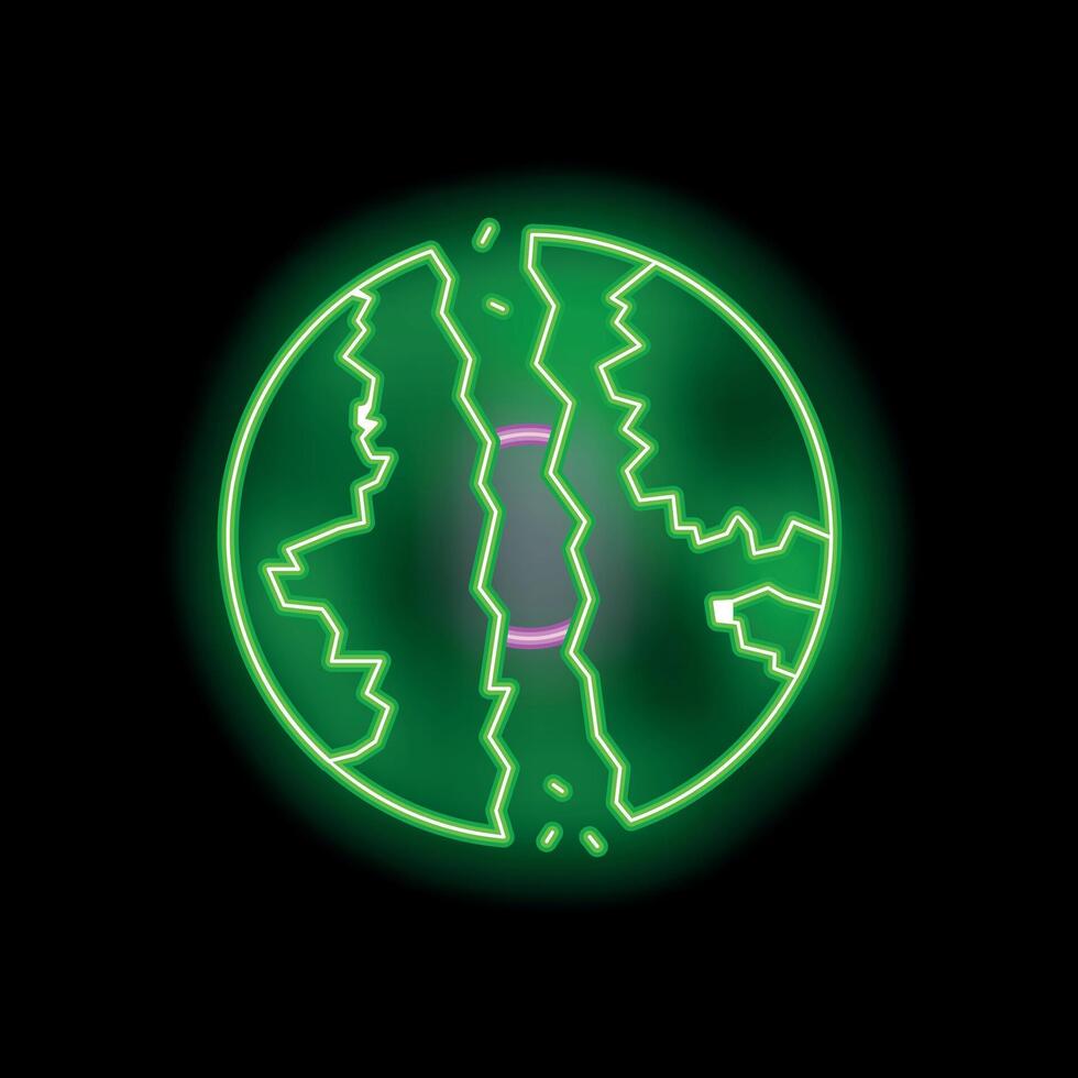 Neon sign depicting a broken planet earth in green and purple vector