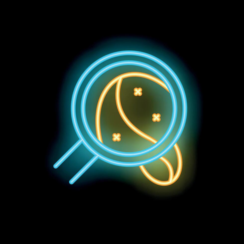 Neon icon of magnifying glass examining bacteria or virus vector