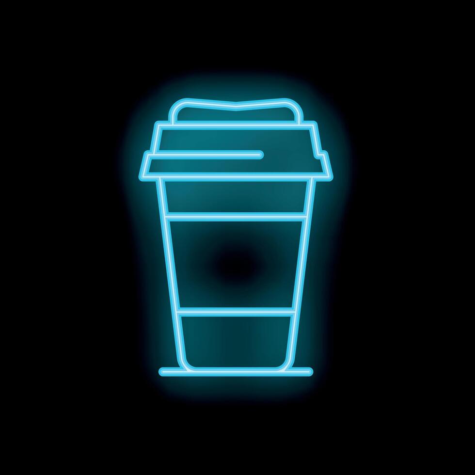 Blue neon sign showing disposable coffee cup on black background vector
