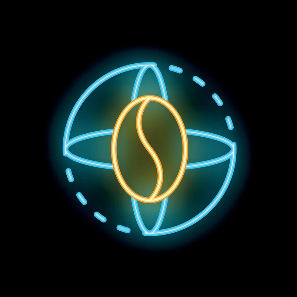 Neon sign representing global coffee trade with rotating coffee bean inside earth globe vector