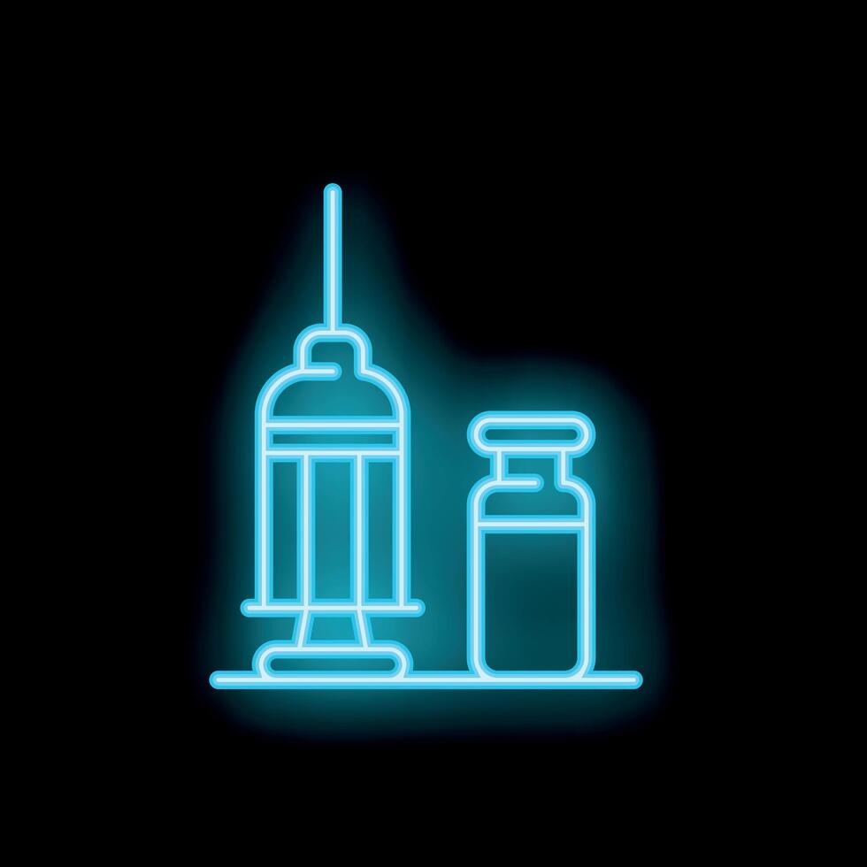 Neon syringe and vial glowing on black background vector