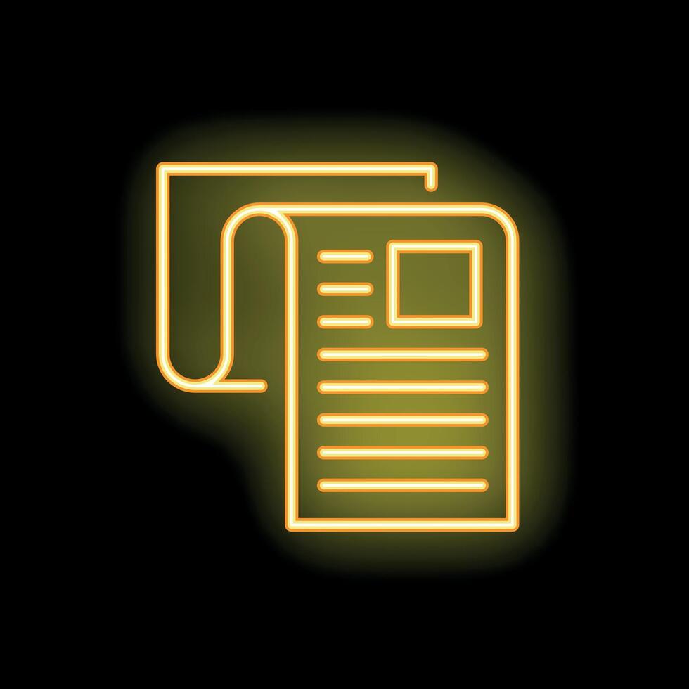 Neon yellow newspaper icon glowing on dark background vector