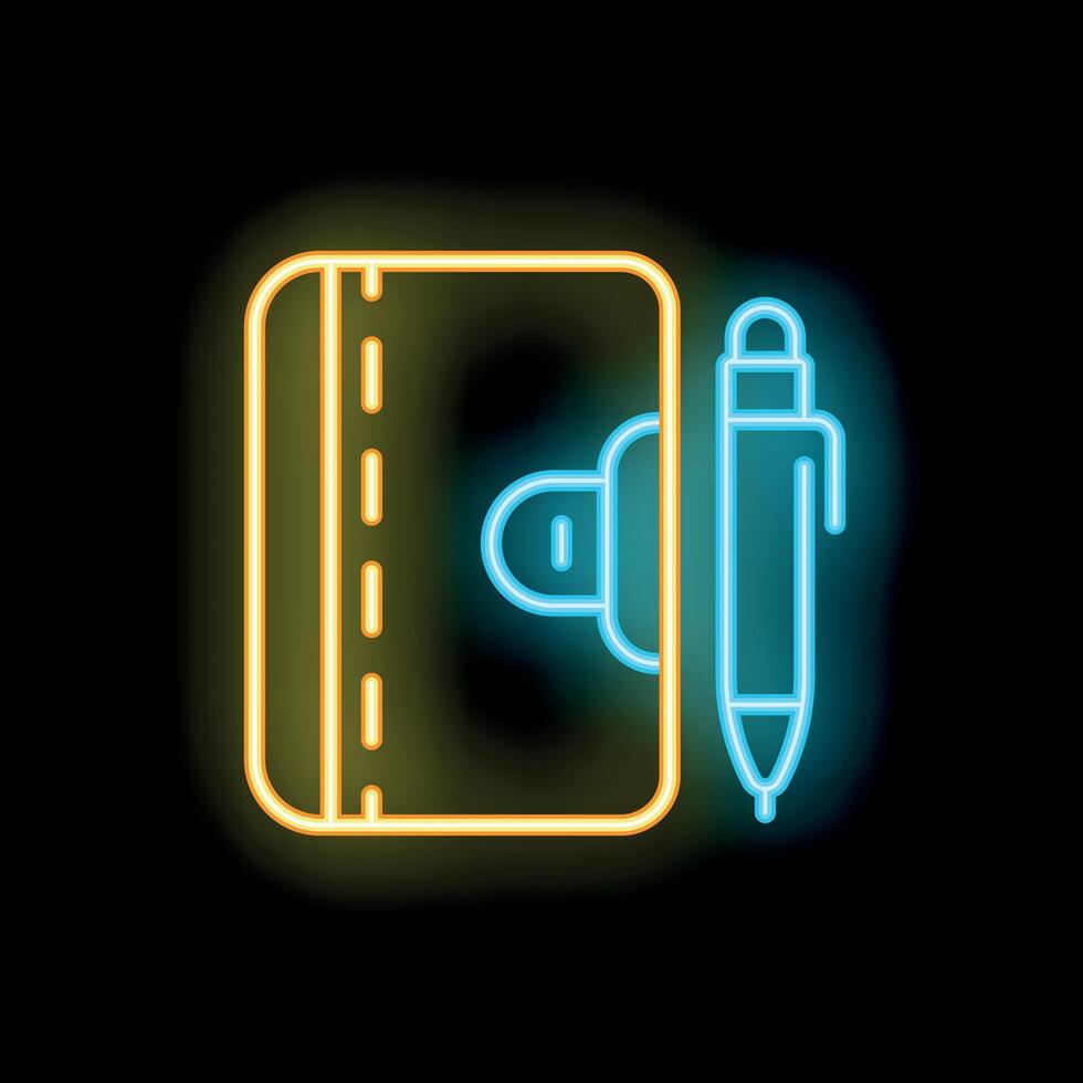 Neon notebook and pen icon glowing on dark background vector