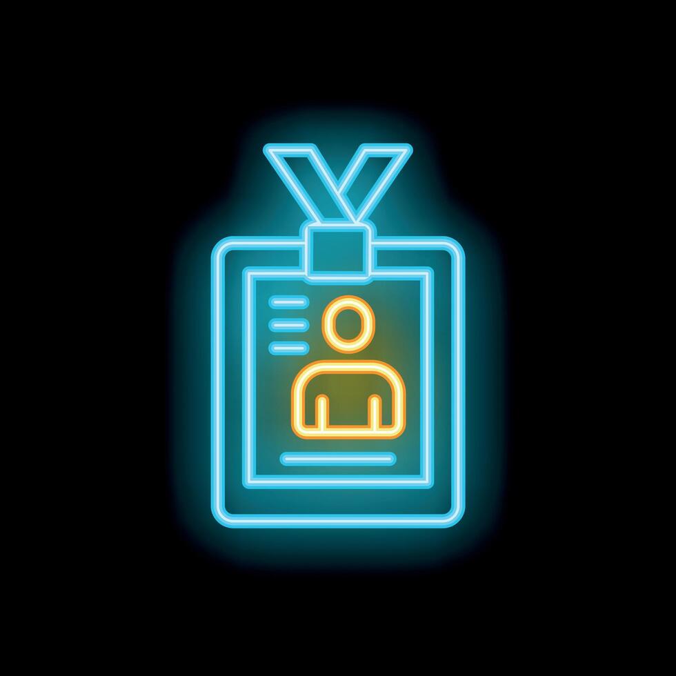Neon icon of an id card with a lanyard glowing blue and yellow on a black background vector