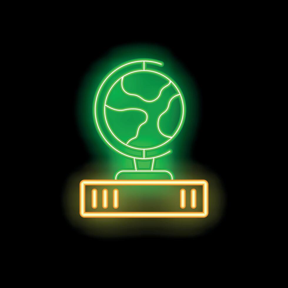 Green neon sign of a globe on a shelf displaying earth continents vector