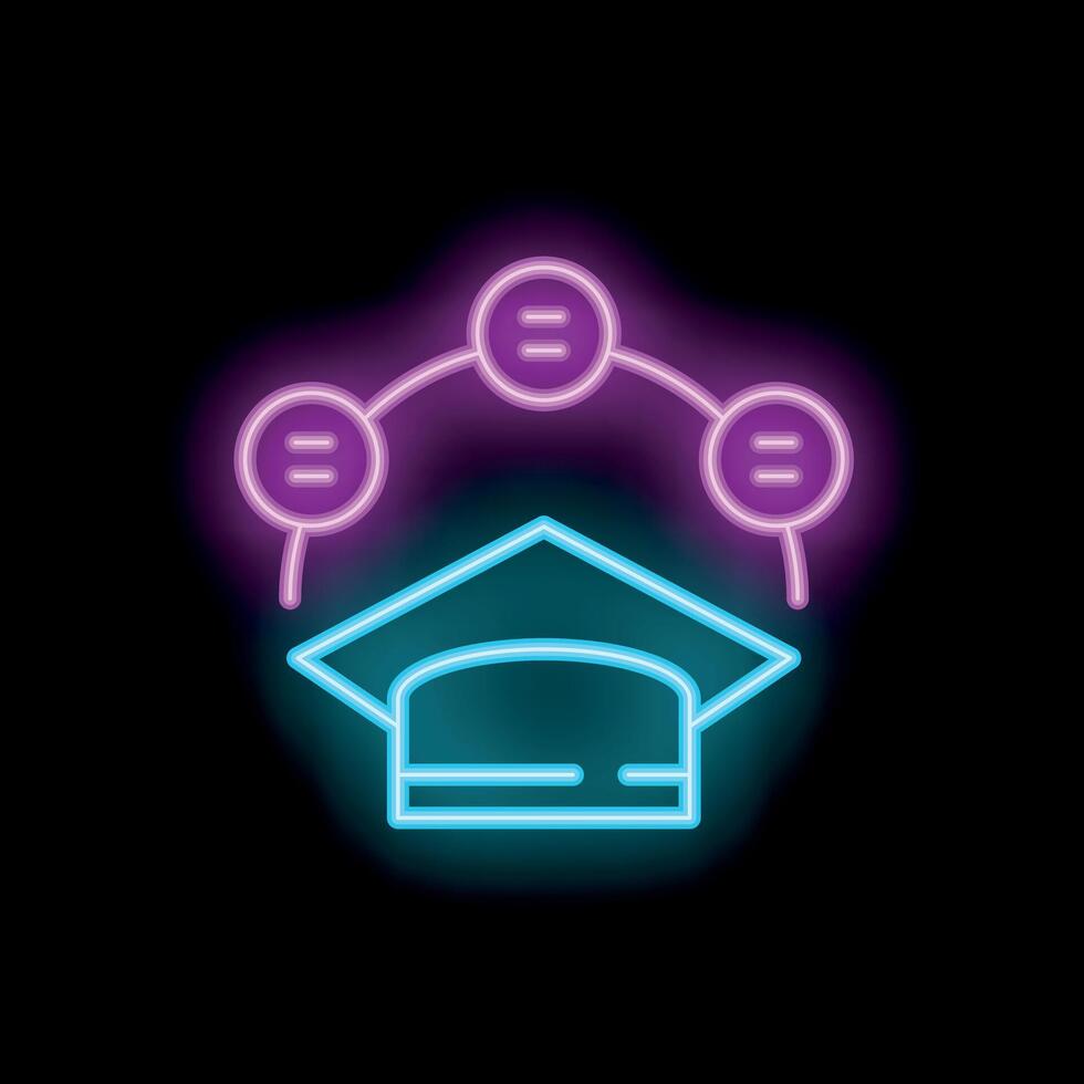 Neon icon of graduation cap surrounded by three nodes representing knowledge sharing and educational network vector
