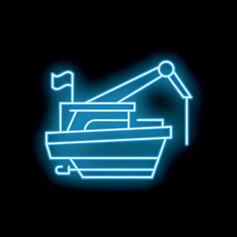 Neon fishing boat with crane on black background vector
